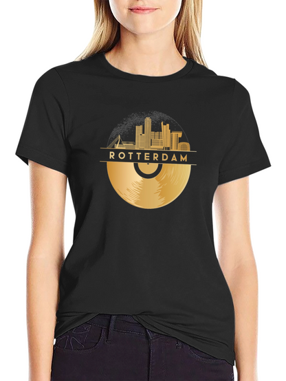Camiseta Negra Rotterdam Skyline Vinilo