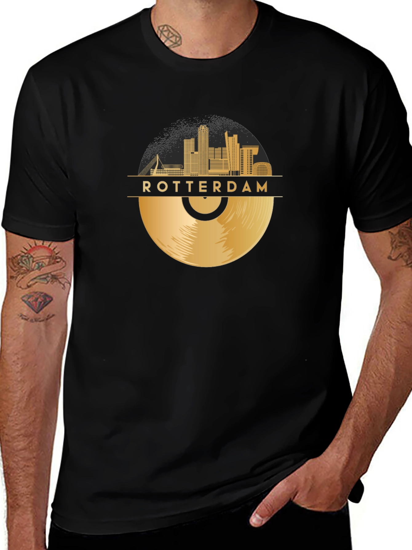 Camiseta Negra Rotterdam Skyline Vinilo