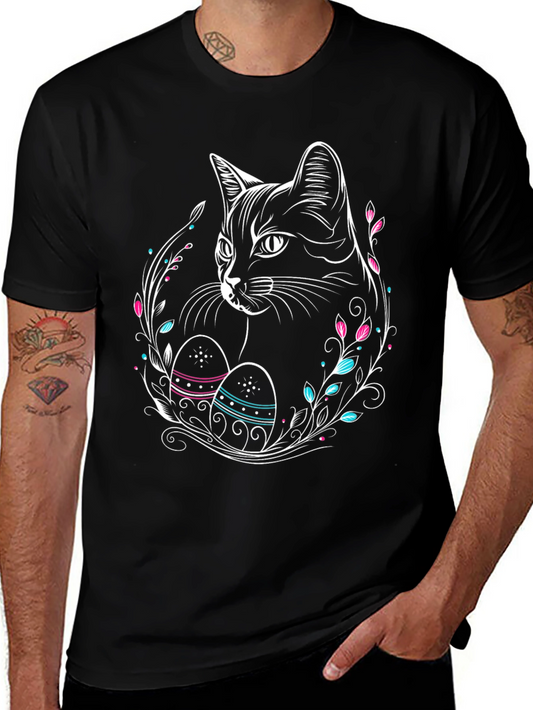 Camiseta Negra con Diseño de Gato y Huevos de Pascua