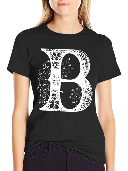 Camiseta Negra con Letra B Floral Blanca