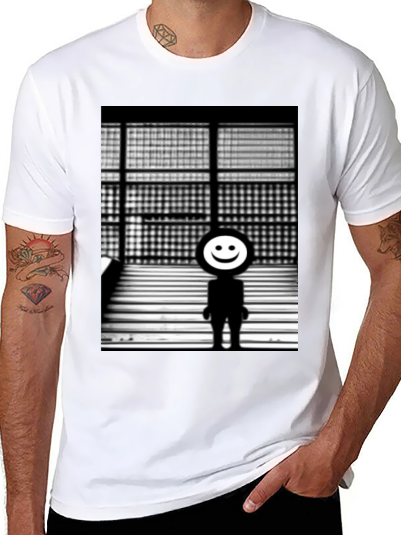 Camiseta Negra con Diseño Abstracto Sonriente