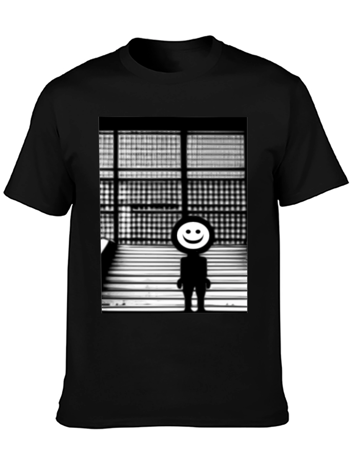 Camiseta Negra con Diseño Abstracto Sonriente