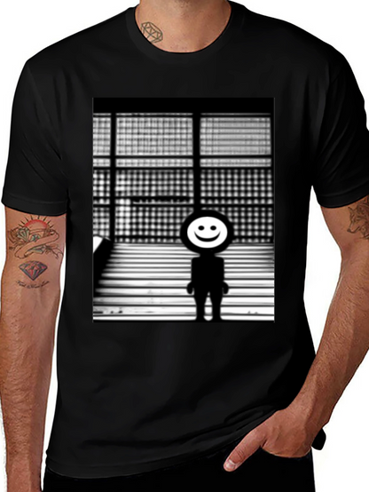 Camiseta Negra con Diseño Abstracto Sonriente