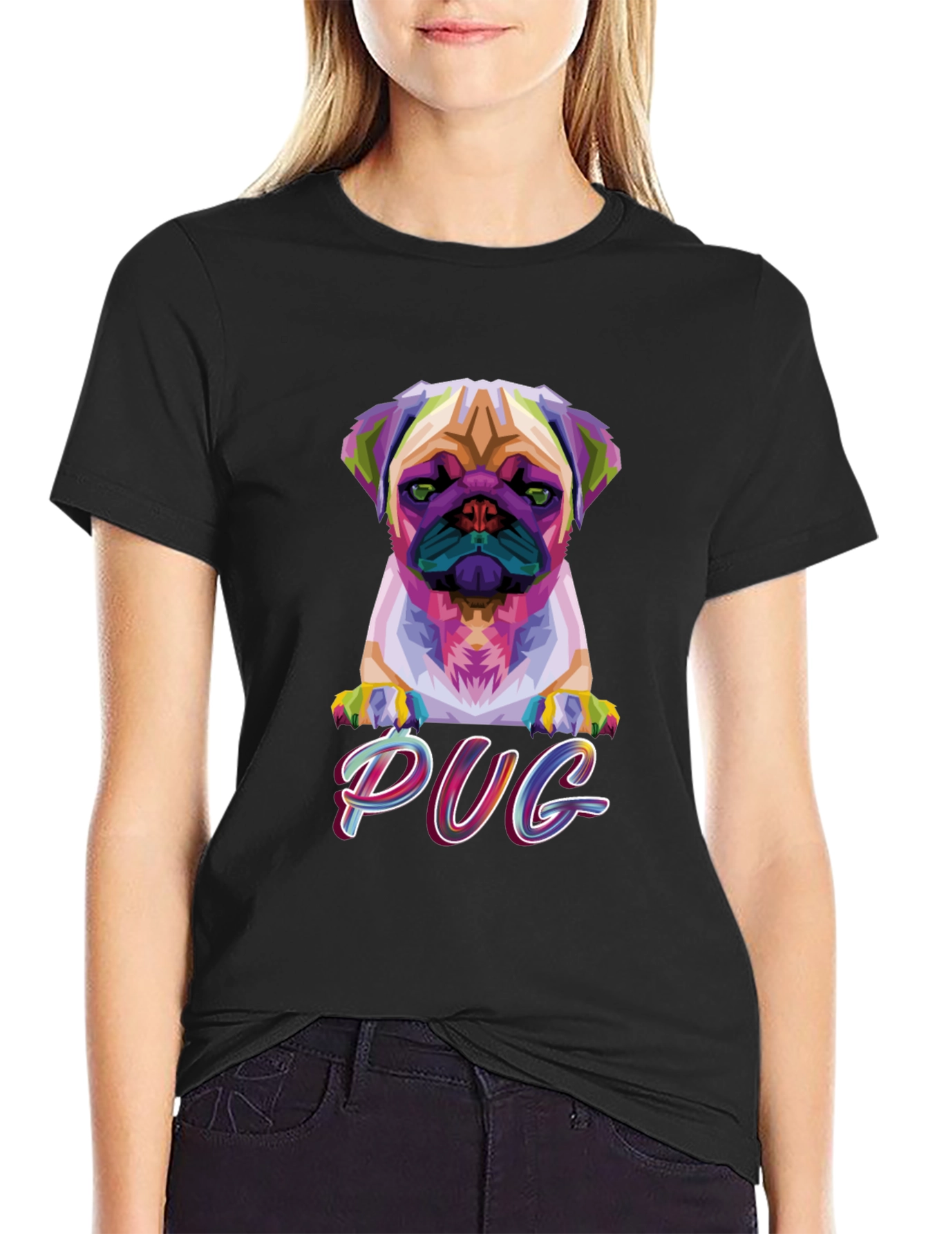 Camiseta Negra con Diseño Pug Geométrico