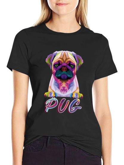 Camiseta Negra con Diseño Pug Geométrico
